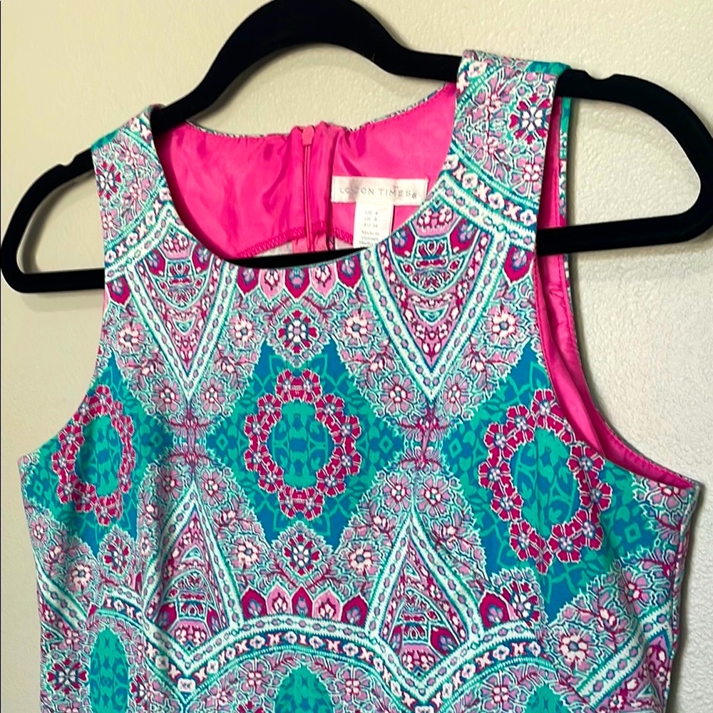 London Times Womens Turquoise Pink Sleeveless Sheath Dress Lined Pattern